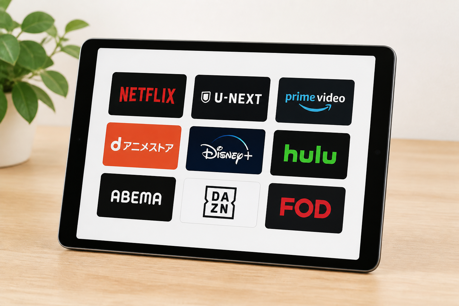 各種動画配信サービスのロゴが映し出されたタブレット端末
