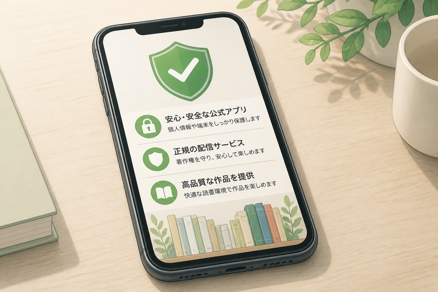 スマートフォン画面に表示された電子書籍アプリの安全な利用画面