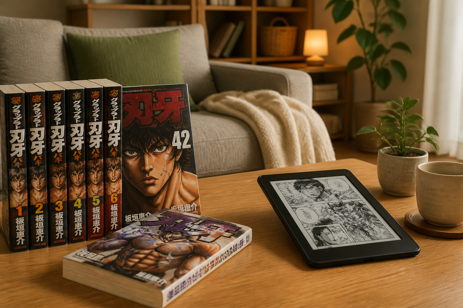 刃牙シリーズの公式単行本と、正規の電子書籍リーダーが置かれたリラックスできるリビングのテーブル