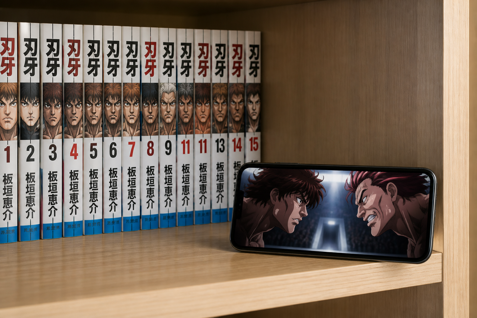 棚に整然と並べられた漫画の単行本とスマートフォンでアニメ配信画面を表示している手元