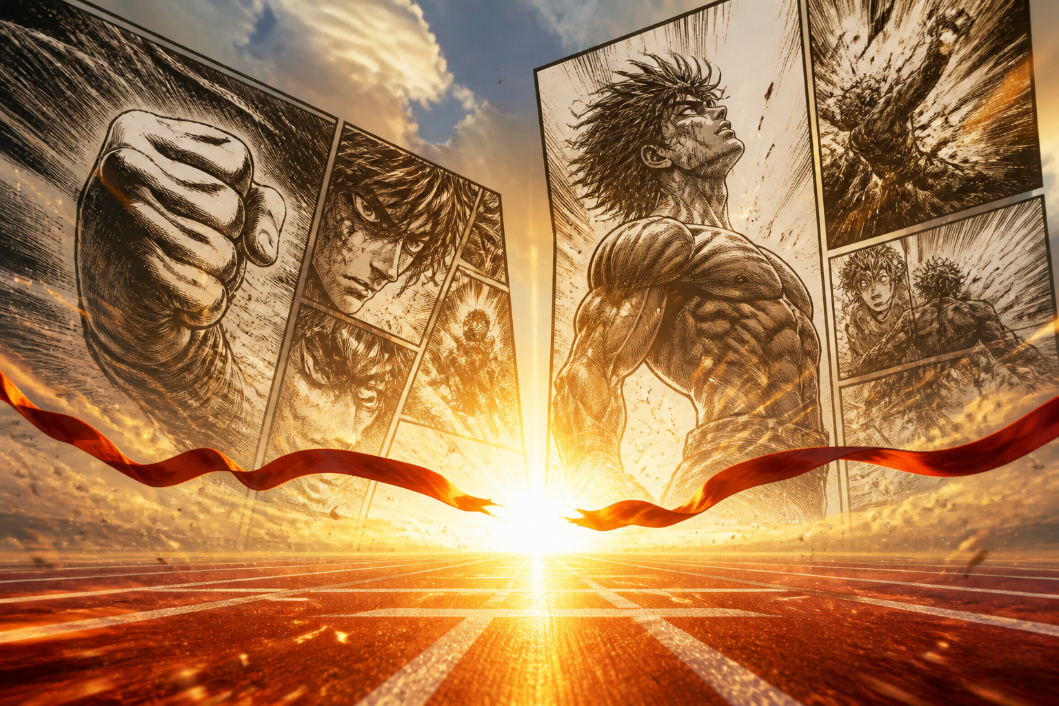 アスリートのゴールシーンと漫画の感動的な名場面がオーバーラップする壮大なイメージ