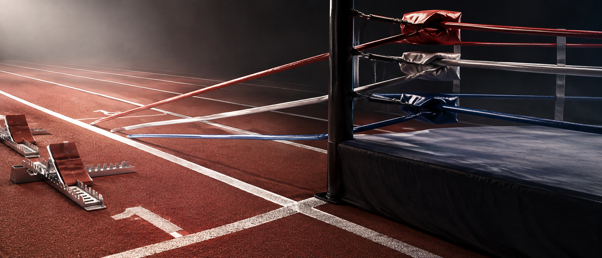陸上トラックのスタートラインと格闘技のリングロープが交差するようなスポーツとマンガの融合をイメージさせる静物構図