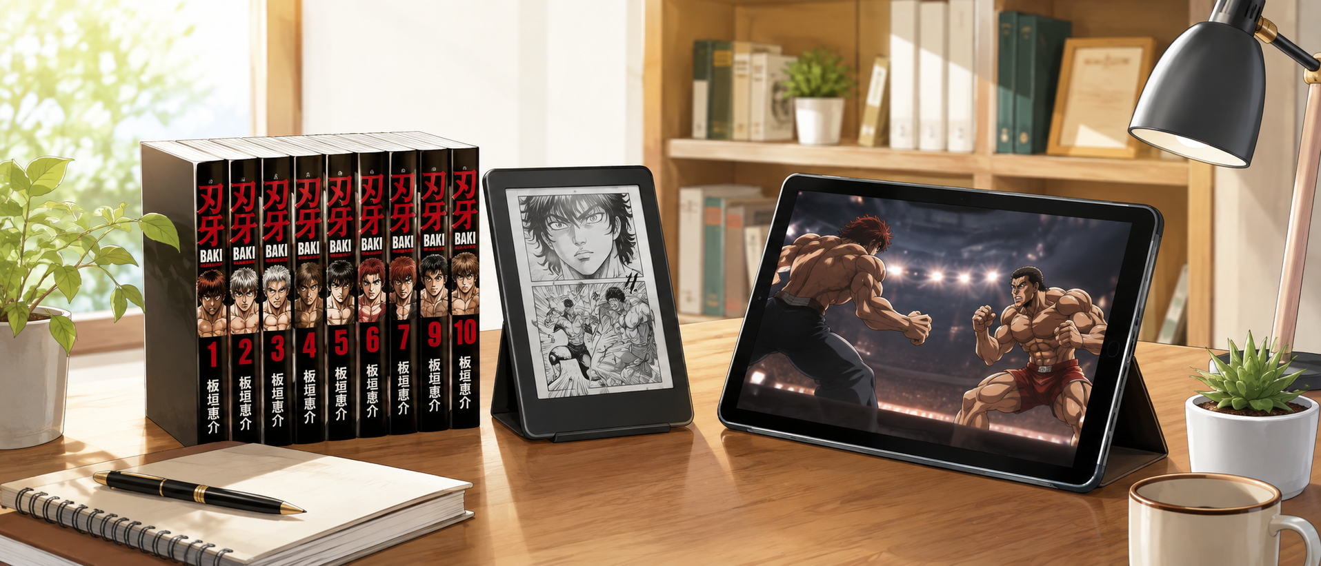 格闘漫画の単行本や電子書籍端末、動画配信サービスの画面が並ぶ明るく清潔な書斎のデスク