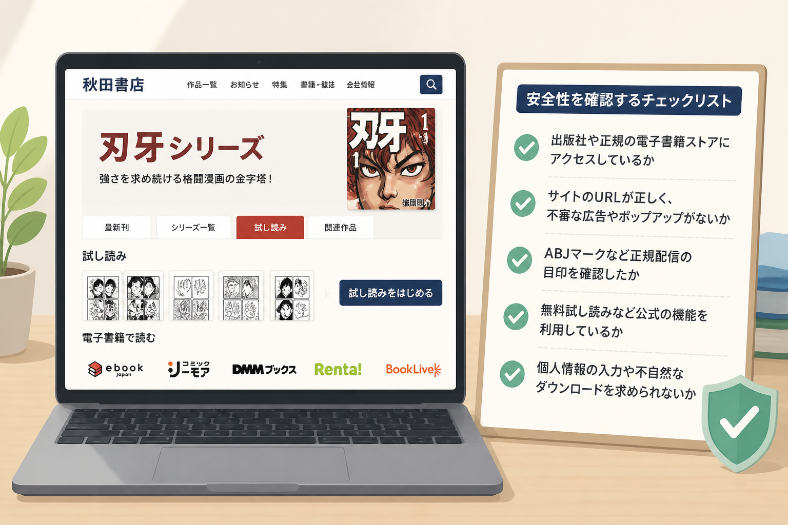 ノートパソコンの画面上に表示された正規の電子書籍サービスサイトと安全性を確認するチェックリスト
