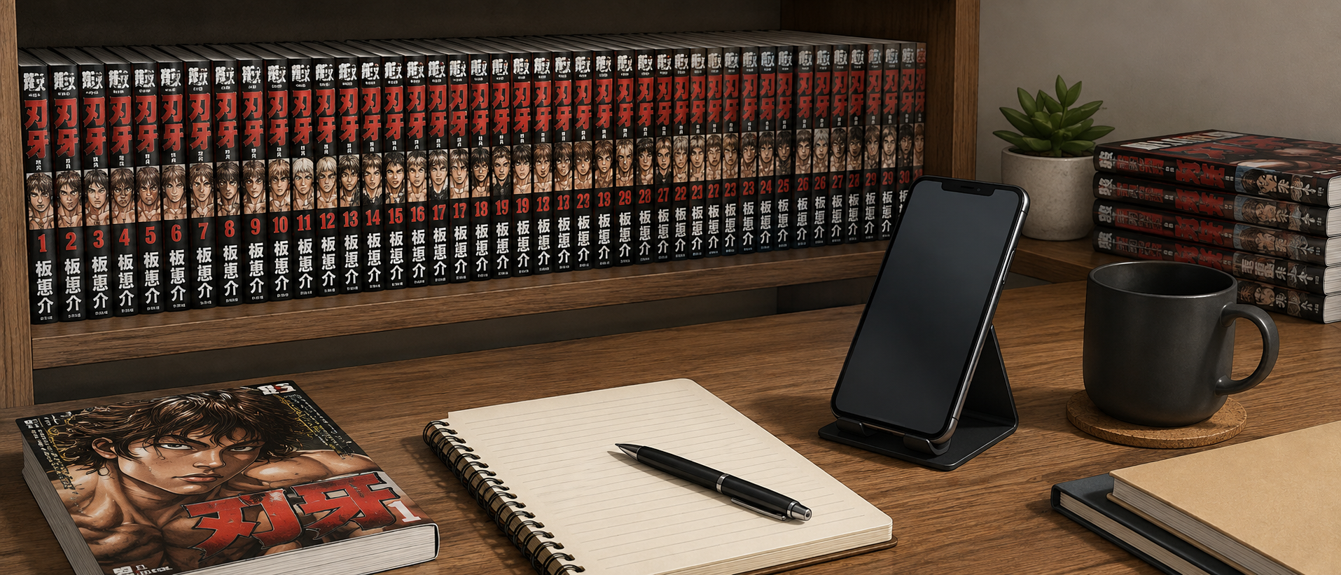 書棚に並んだ漫画の単行本とスマートフォンで配信や公式情報を確認するデスク周り