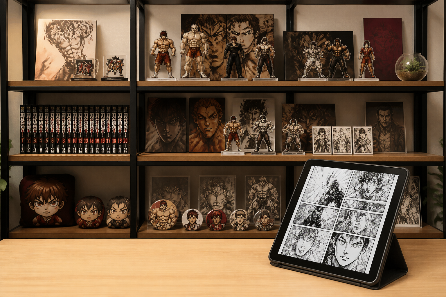 アニメや漫画の公式グッズが綺麗に並べられたコレクション棚と確認用のデジタルデバイス
