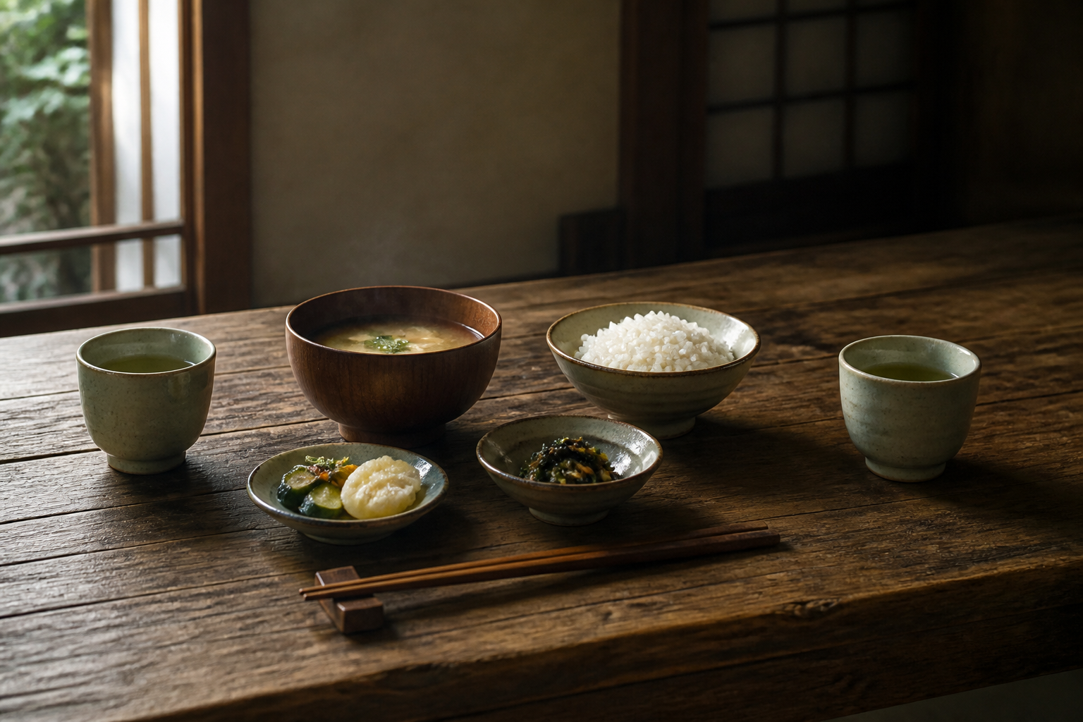 古い木製のテーブルに置かれた湯呑みとシンプルな食事が並び、静寂な対話の場を思わせるアングル