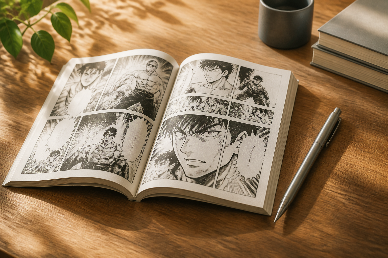 開かれた漫画のページとペンが整然と並び、物語の完結と読了感を表現したデスク周り