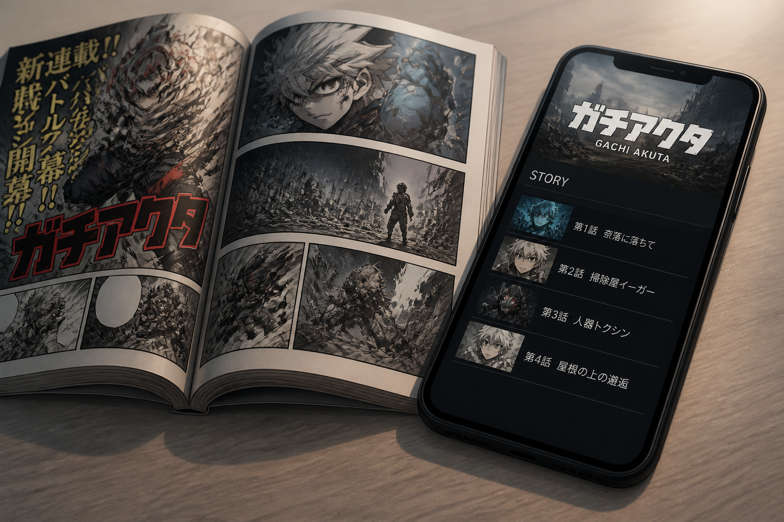 開かれた『週刊少年マガジン』の誌面イメージと、スマートフォンの画面に映るアニメ公式サイトのストーリー一覧ページ