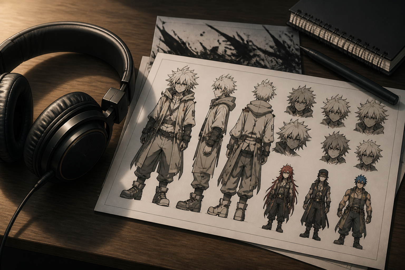 ヘッドホンとアニメ『ガチアクタ』のキャラクター紹介資料が置かれたデスク
