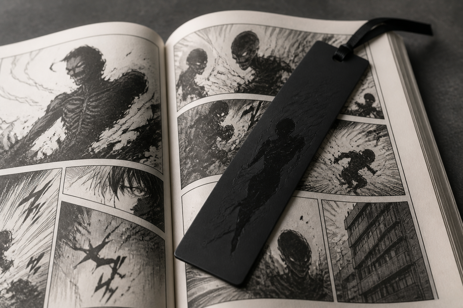 開かれた漫画のページと、その上に置かれた黒いスタイリッシュなbookmark（しおり）