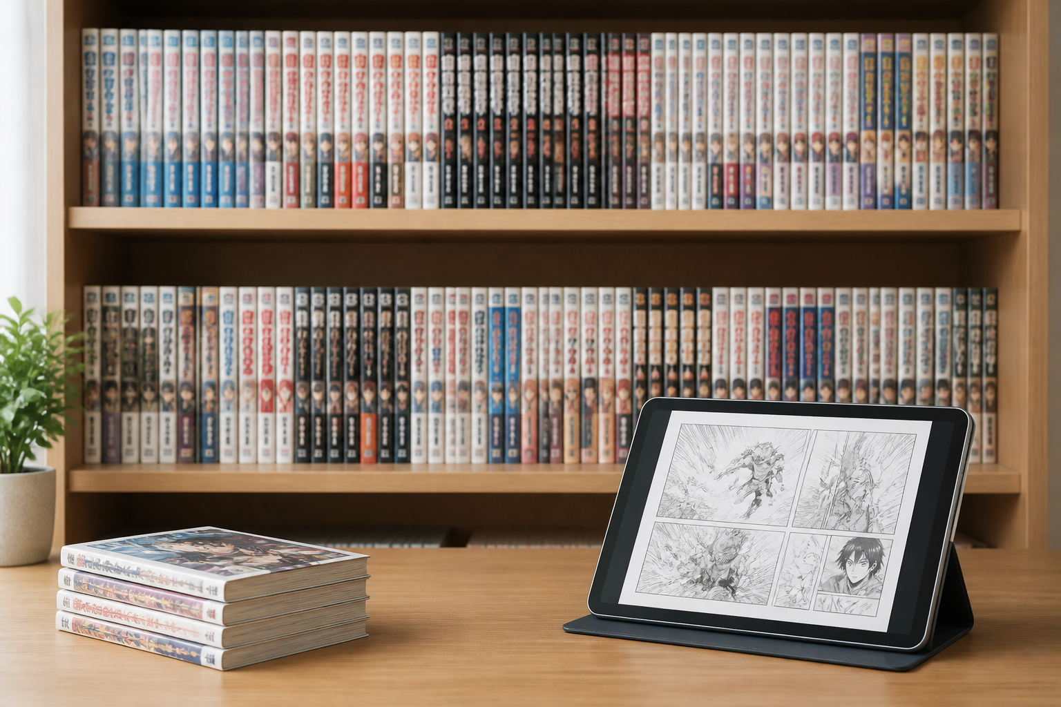 複数の漫画本が綺麗に並べられた棚と、開かれたタブレット端末の静物
