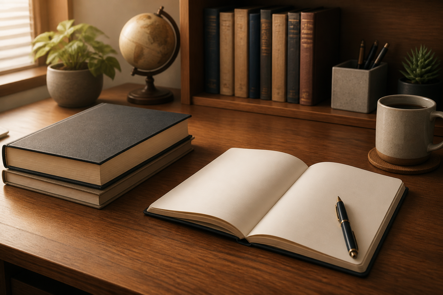 整理整頓された書斎のデスクで本を閉じ、満足そうにノートを開く手元