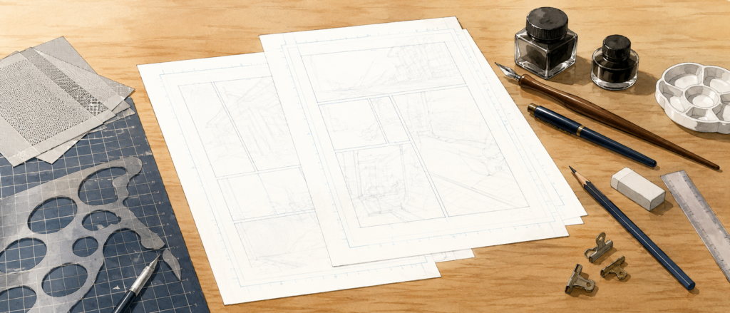 デスクの上に並べられた原稿用紙とペン、漫画制作の道具が配置された静物