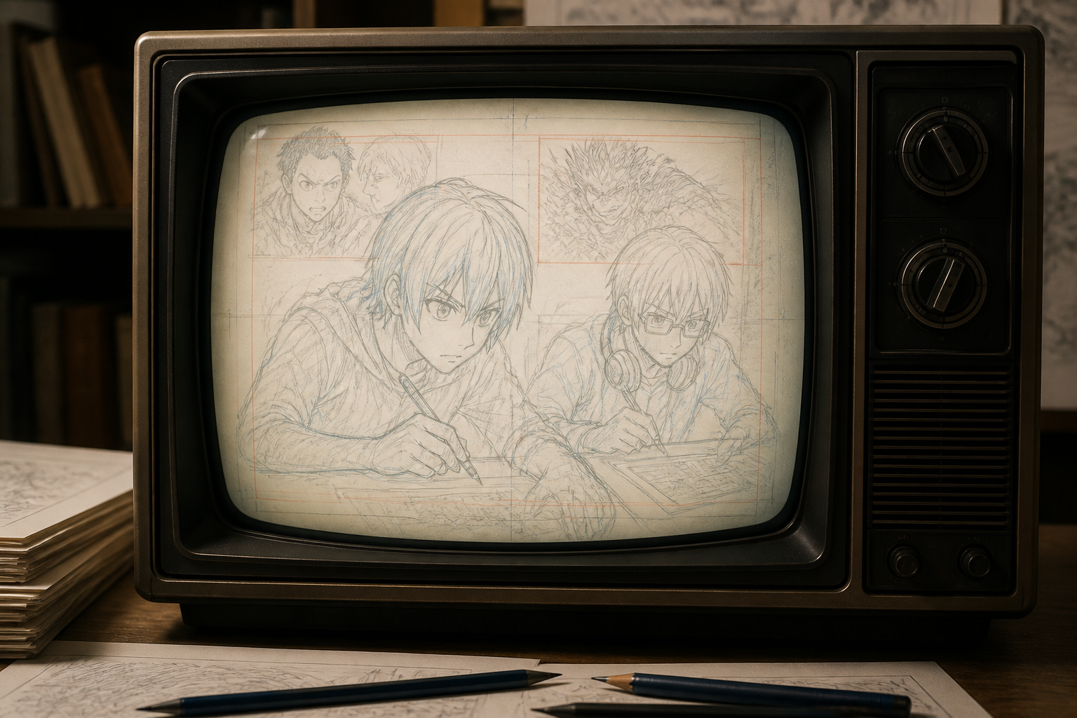 クラシックなテレビモニターに映し出されたアニメーションの原画風イラスト