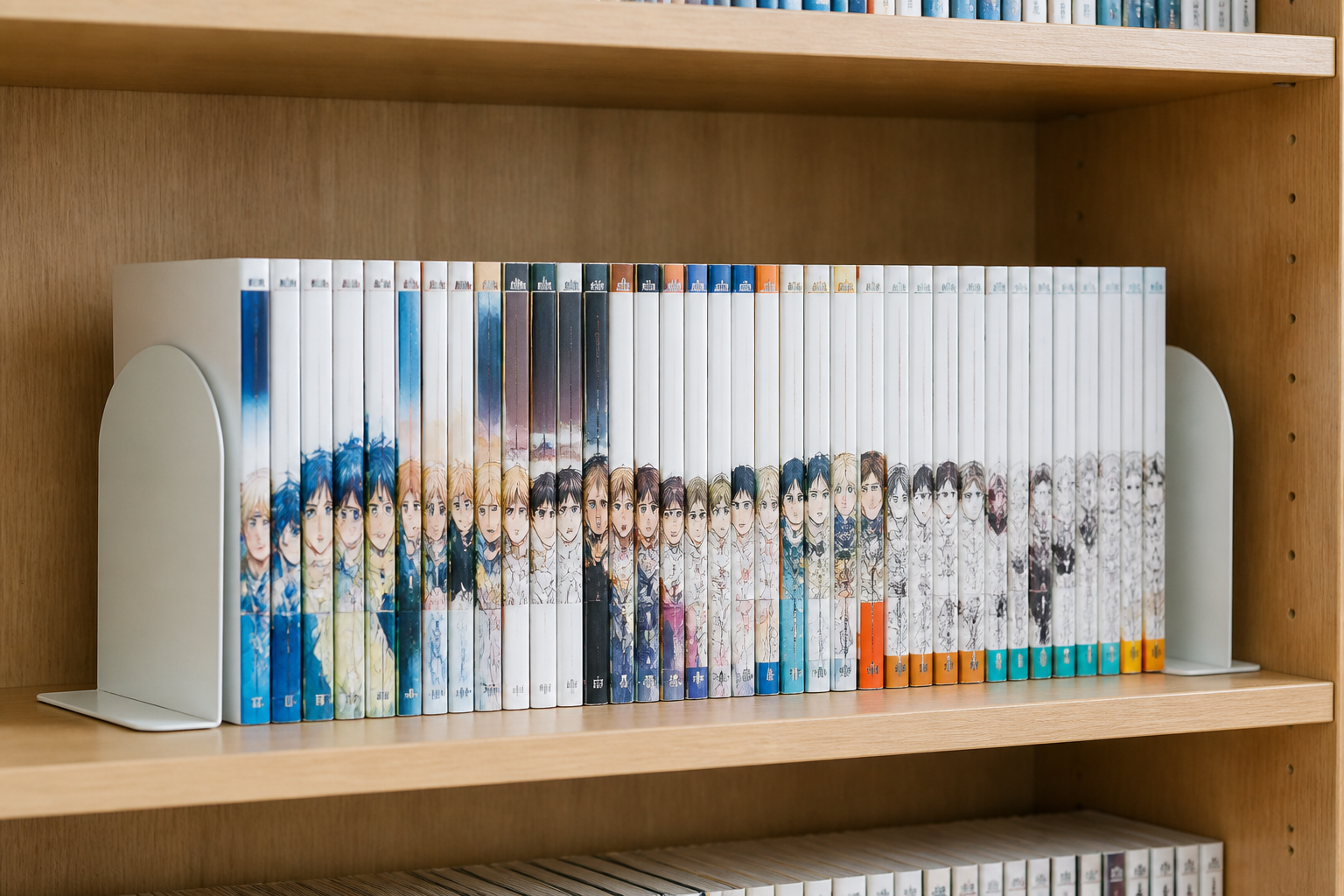 綺麗に整理された書棚に並ぶコミックスとシンプルなブックエンド