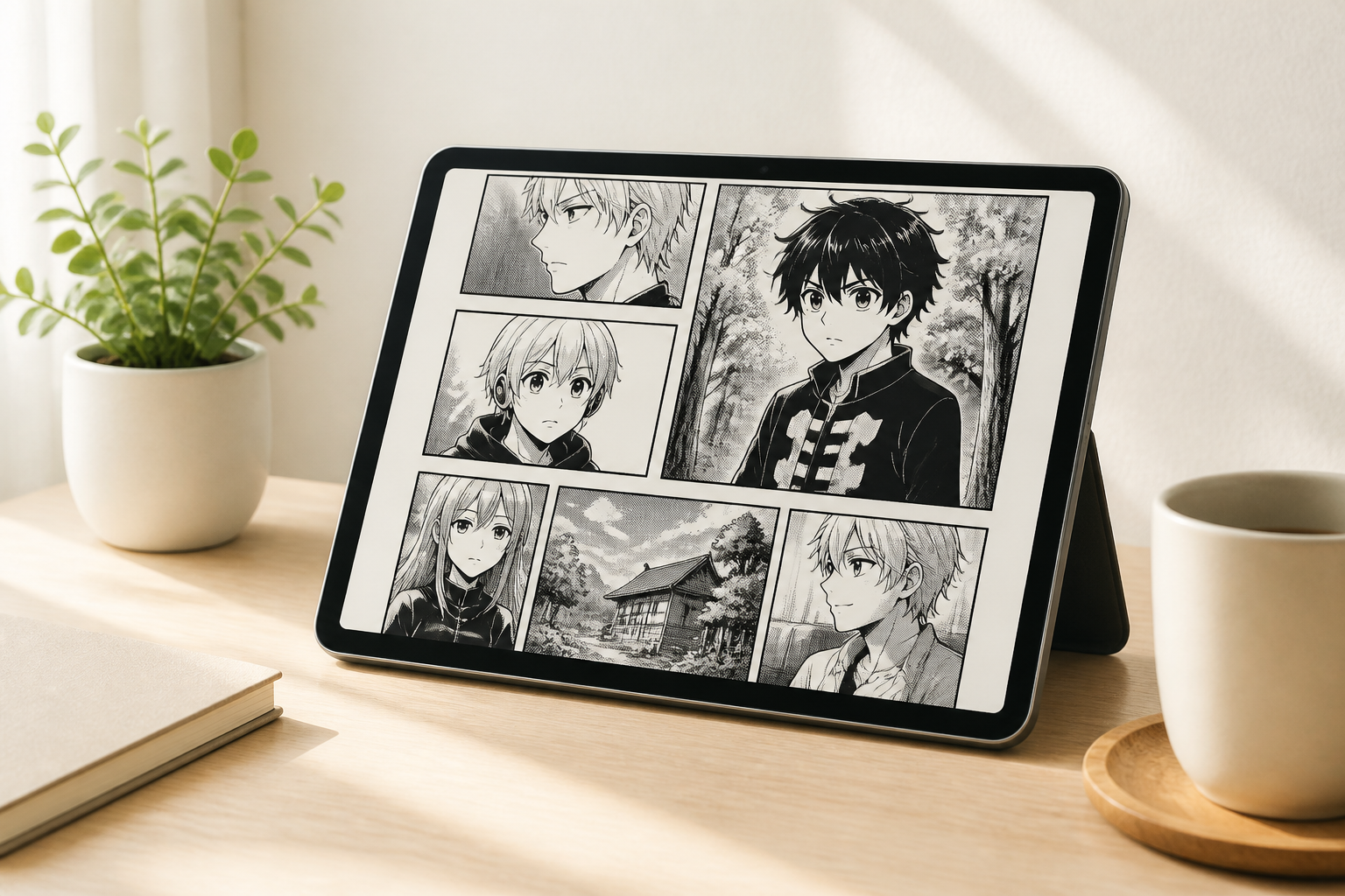 電子書籍端末やタブレットにデジタル漫画のページが表示されている、クリーンで安全な閲覧環境をイメージさせる静物構図