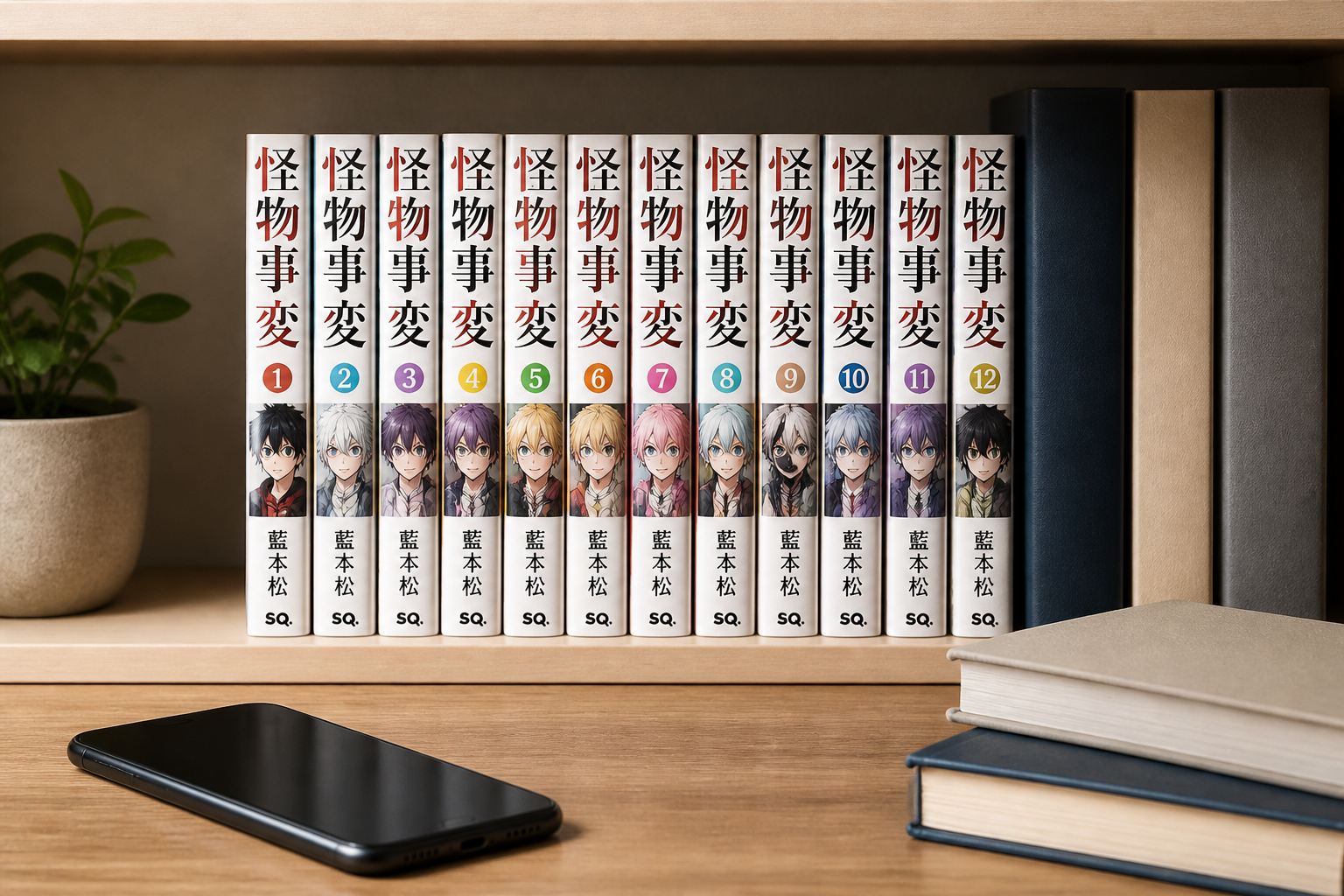 整理された本棚に並ぶ怪物事変のコミックスとスマートフォンが置かれている、作品の楽しみ方をまとめたイメージの静物構図
