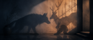 『BEASTARS FINAL SEASON』のメインビジュアルを想起させる、肉食動物と草食動物の影が交錯するドラマチックな静物イラスト