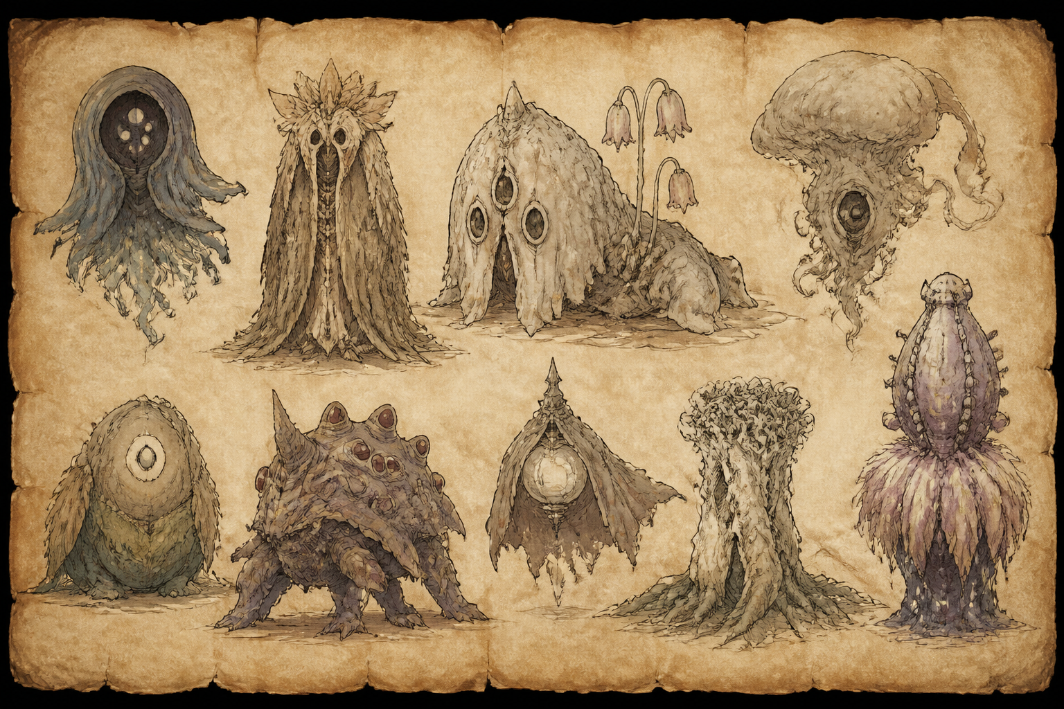 古い羊皮紙に描かれた異形のキャラクターたちの図鑑風イラスト