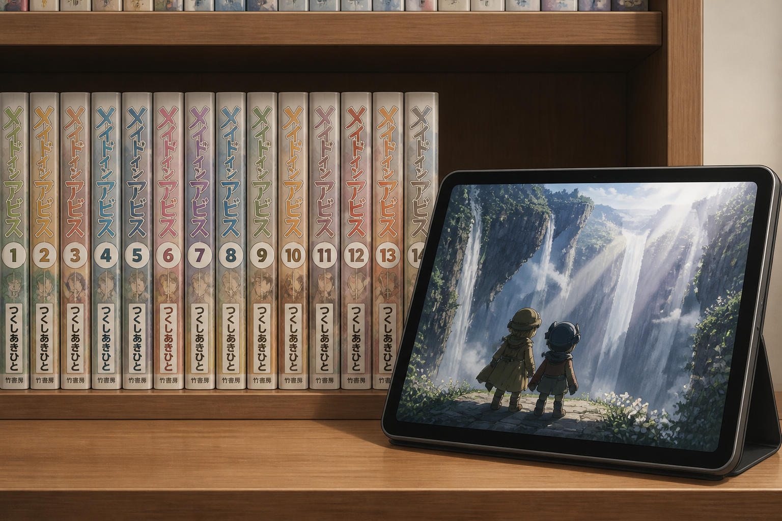 棚に整然と並べられたコミックスと動画配信画面を表示したタブレット
