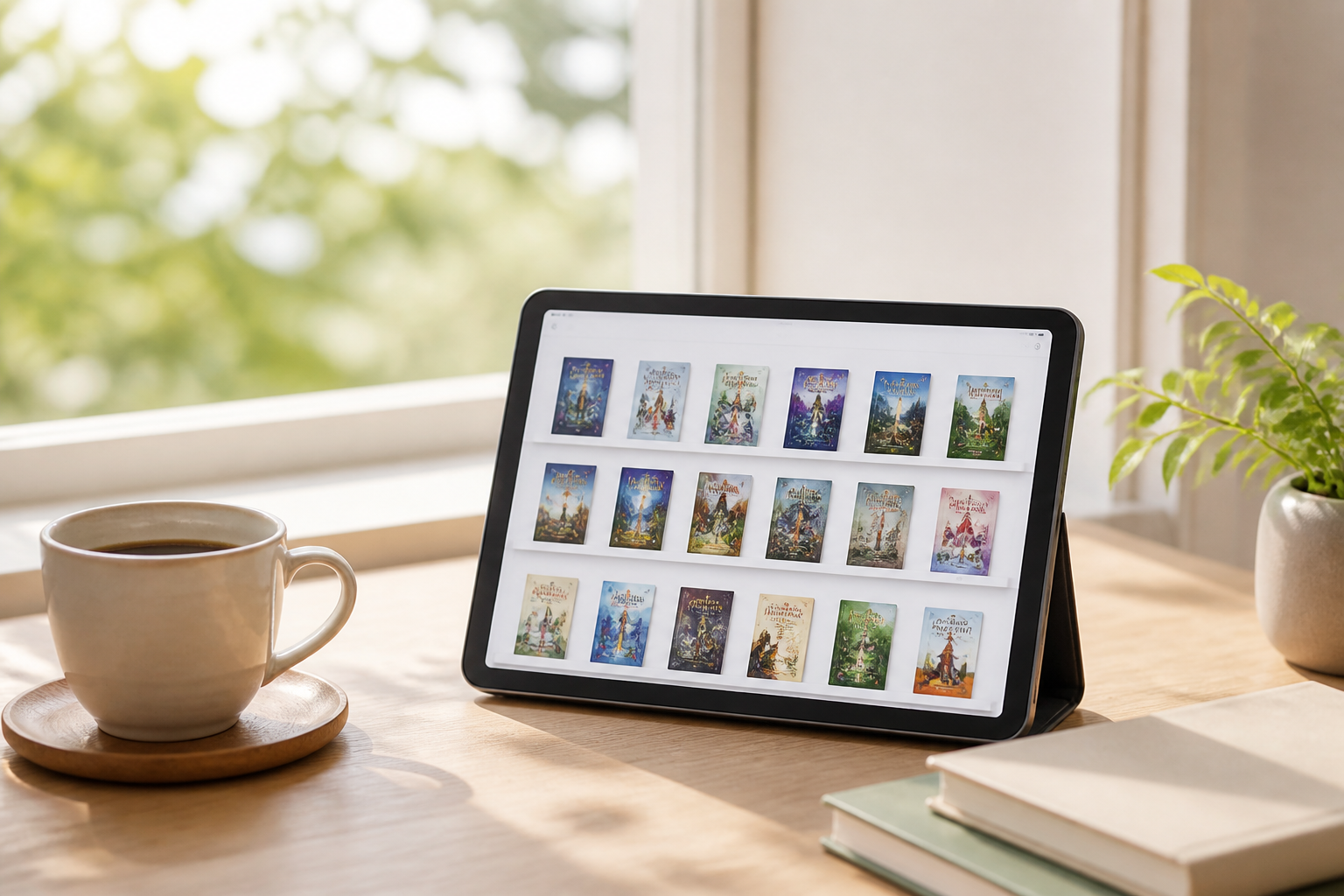 明るい窓辺のテーブルに置かれたタブレット端末と一杯のコーヒー。画面には電子書籍ストアのライブラリが整然と並んでいる清潔な読書環境