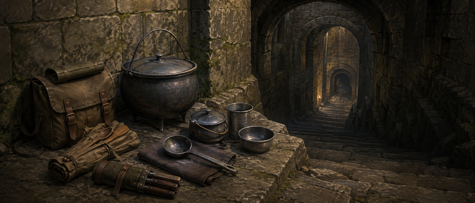 迷宮の奥深くに続く石造りの階段と、そこに置かれた鉄鍋・冒険の調理道具