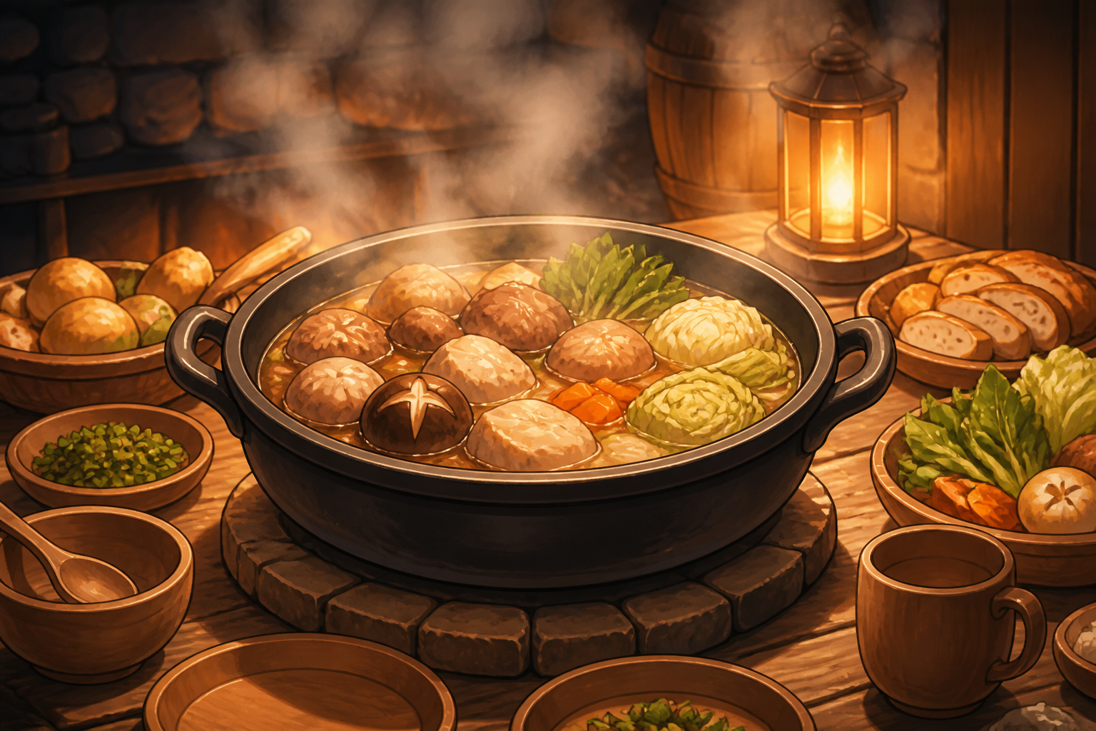 冒険の仲間たちが囲む温かい食卓と湯気が立ち上る鍋料理のイラスト