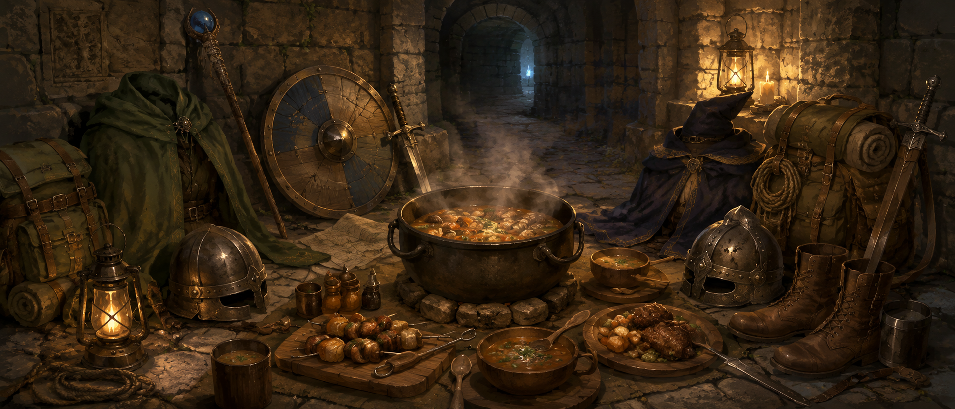 迷宮の中で魔物料理を囲みながら談笑するライオス一行の冒険風景