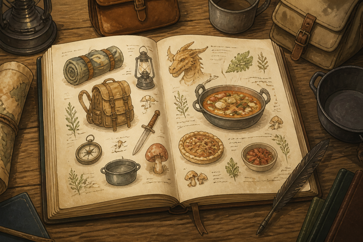 冒険の道具と温かい料理のイラストが描かれた旅の記録ノート