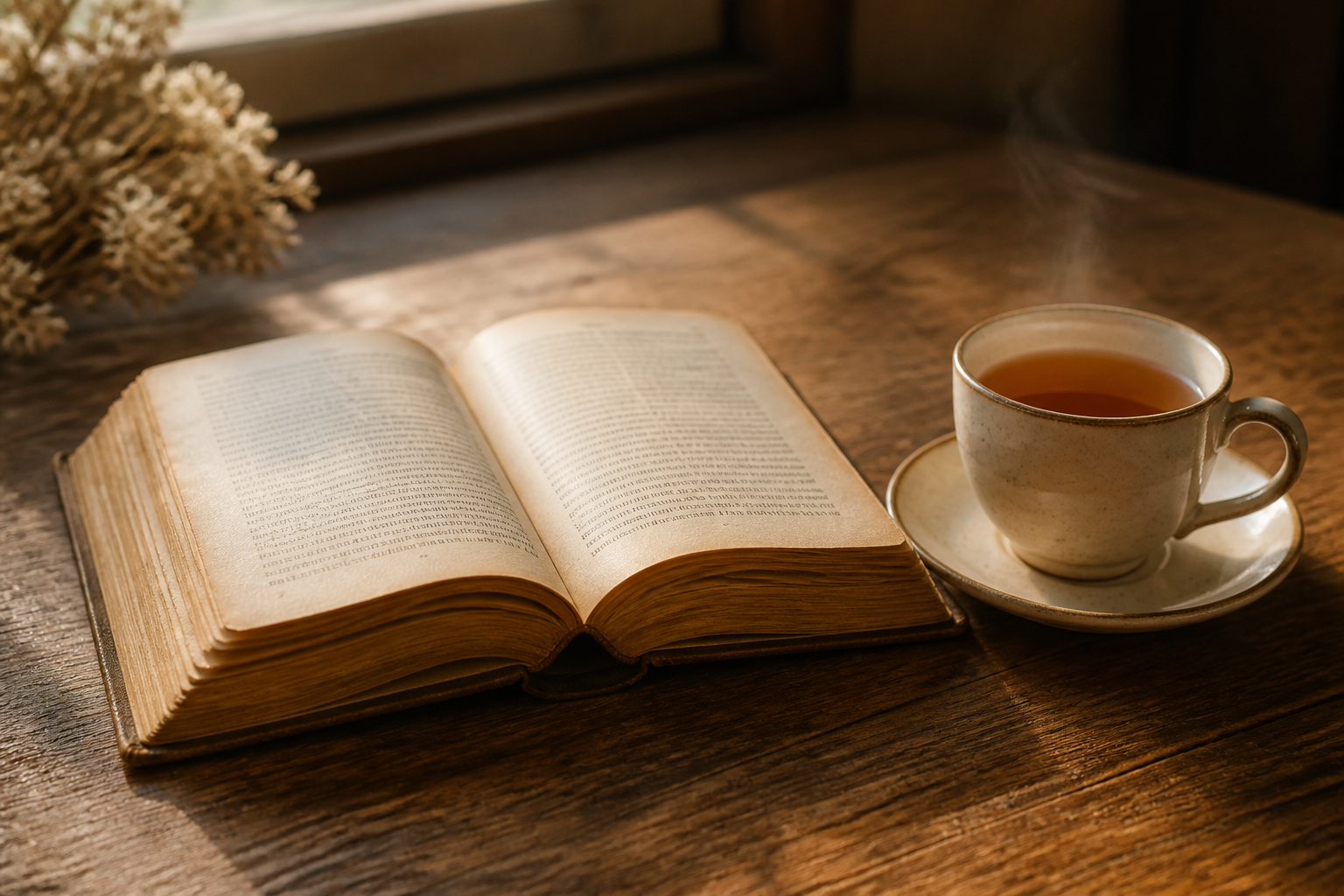 開かれた古い本と温かいお茶の入ったカップが置かれた卓上の静物