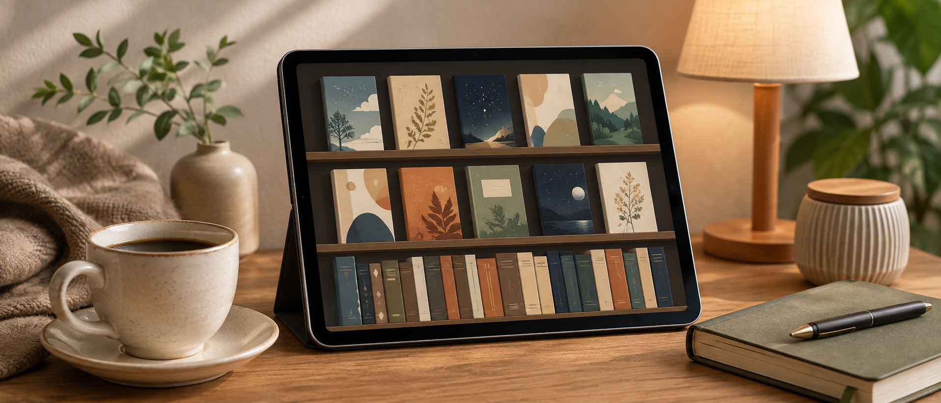 タブレット画面に映る電子書籍アプリの書棚と、その横に置かれたコーヒーカップのあるリラックスした読書環境