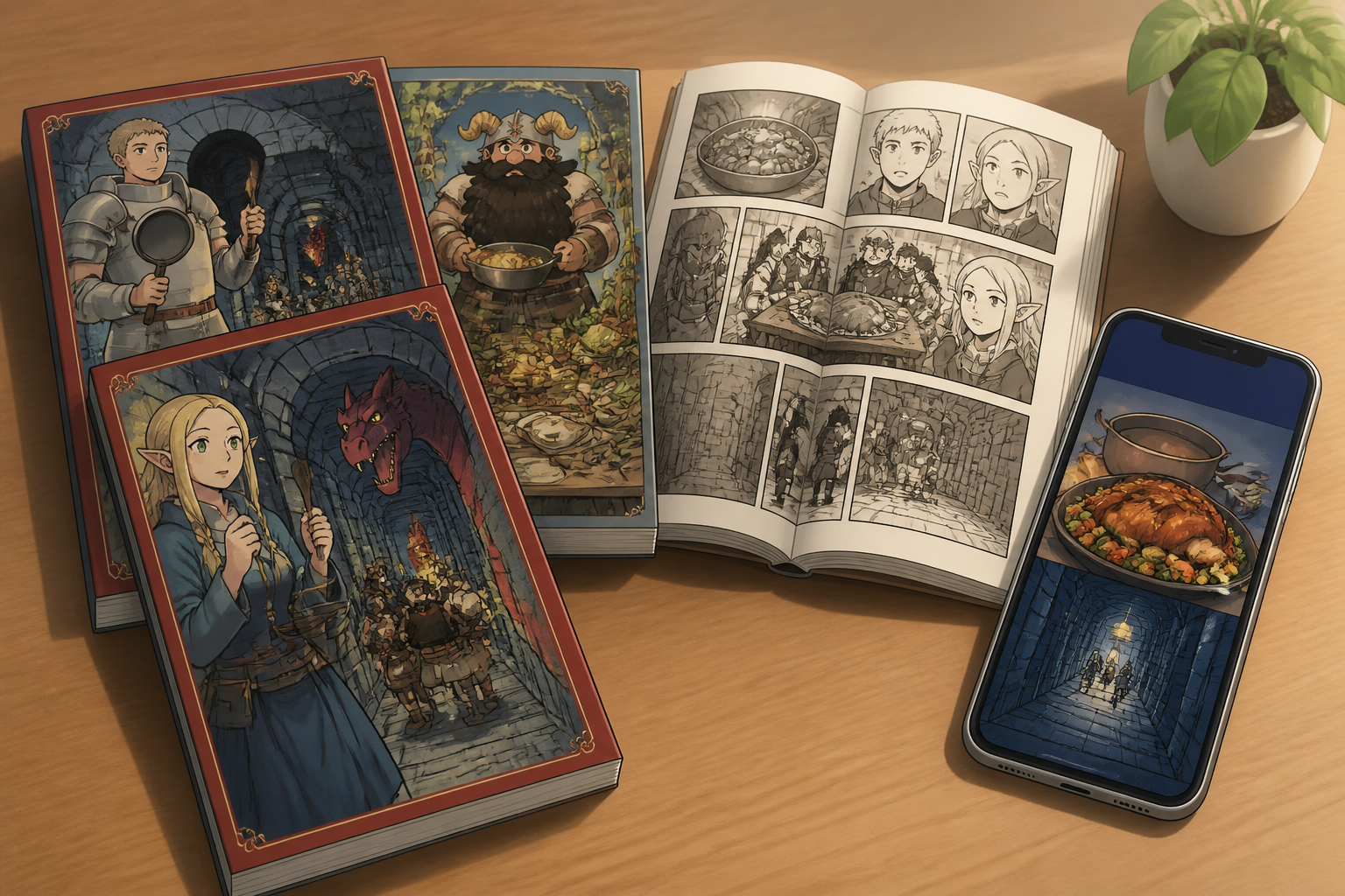 デスクの上に広げられた数冊の漫画本と、スマートフォンで公式アプリを開いている様子