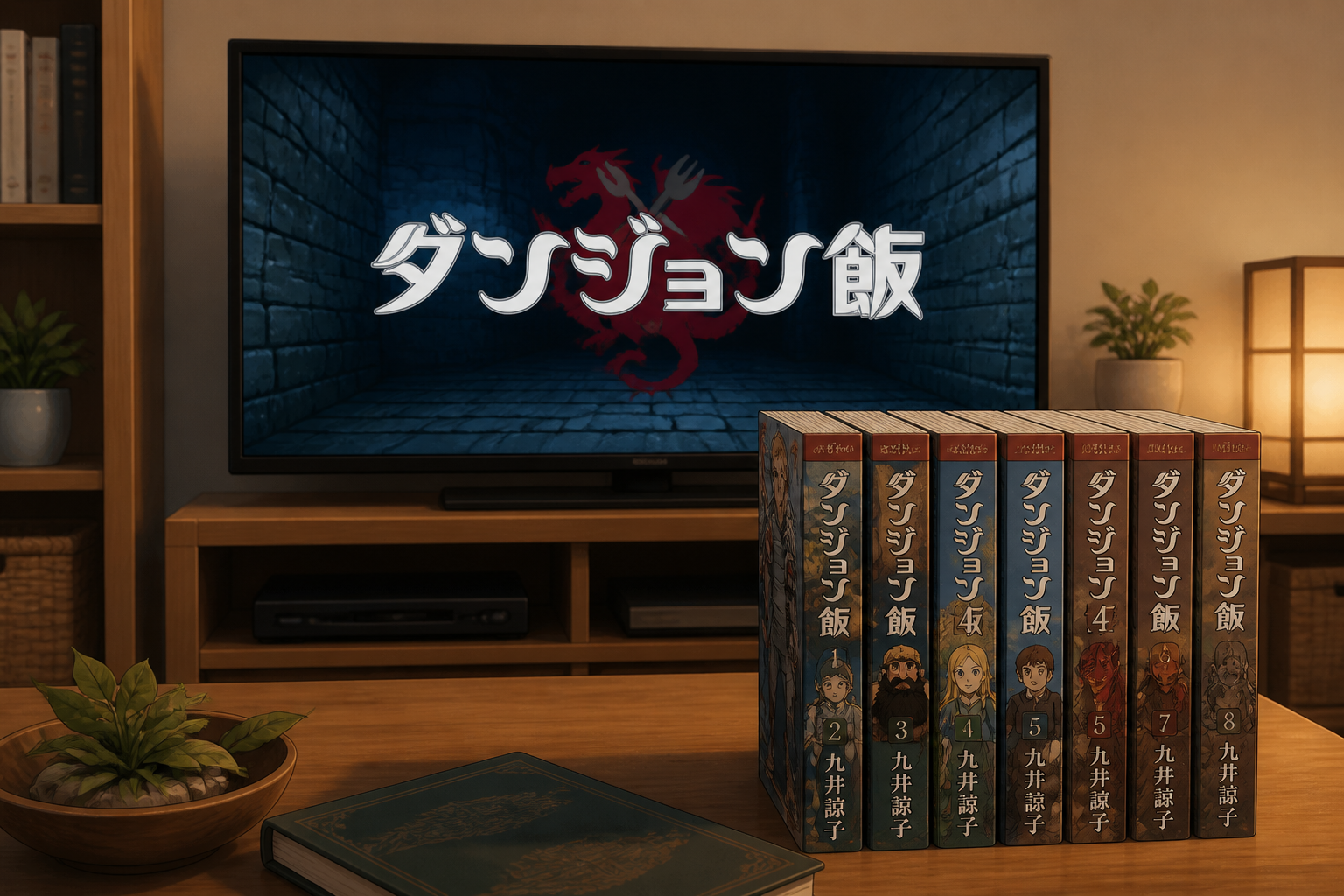 テレビ画面に映るアニメのタイトルロゴと、手前に置かれた正規の単行本数冊が並ぶリビングの風景