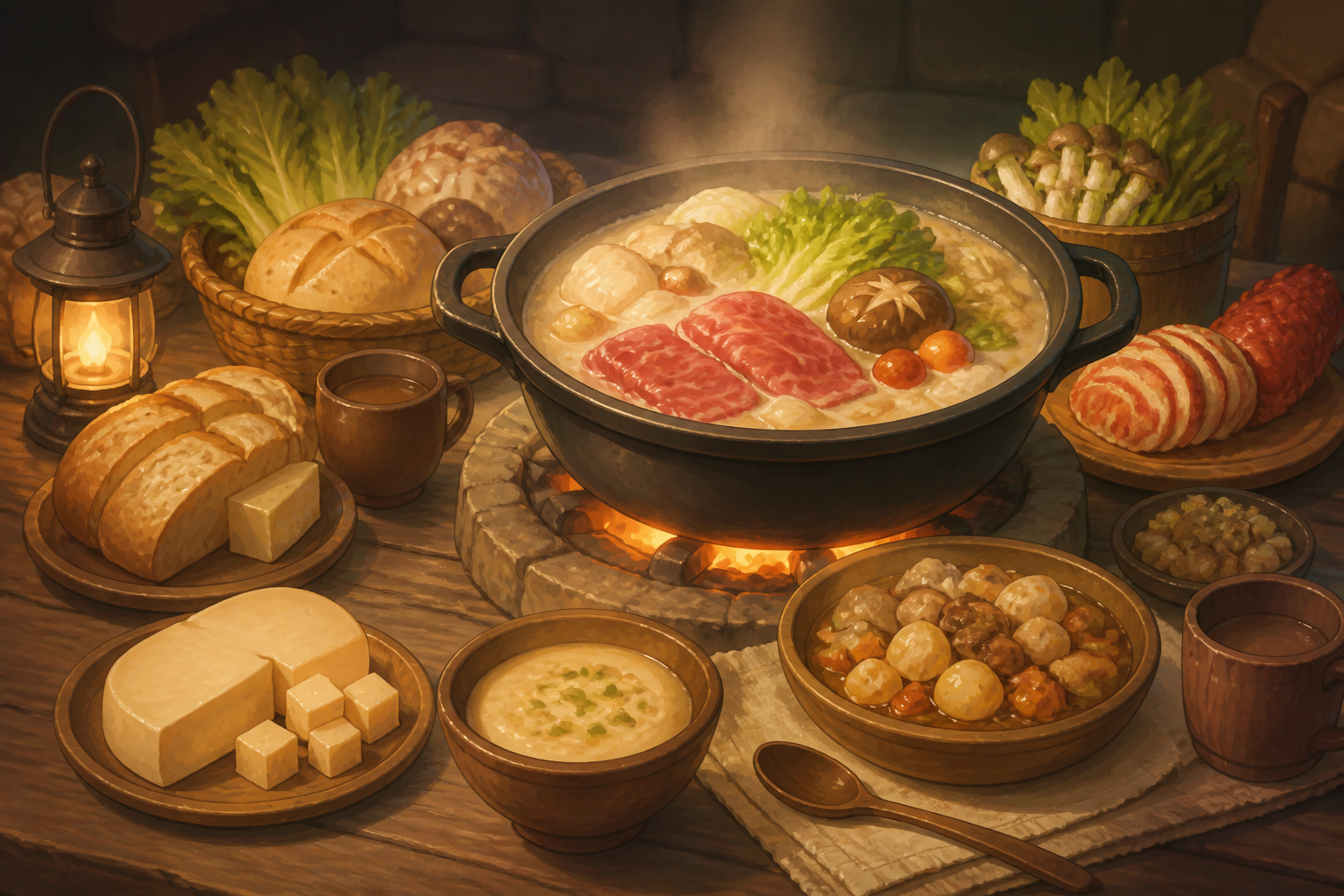 冒険の仲間たちが囲む温かい料理と鍋のイラスト風静物