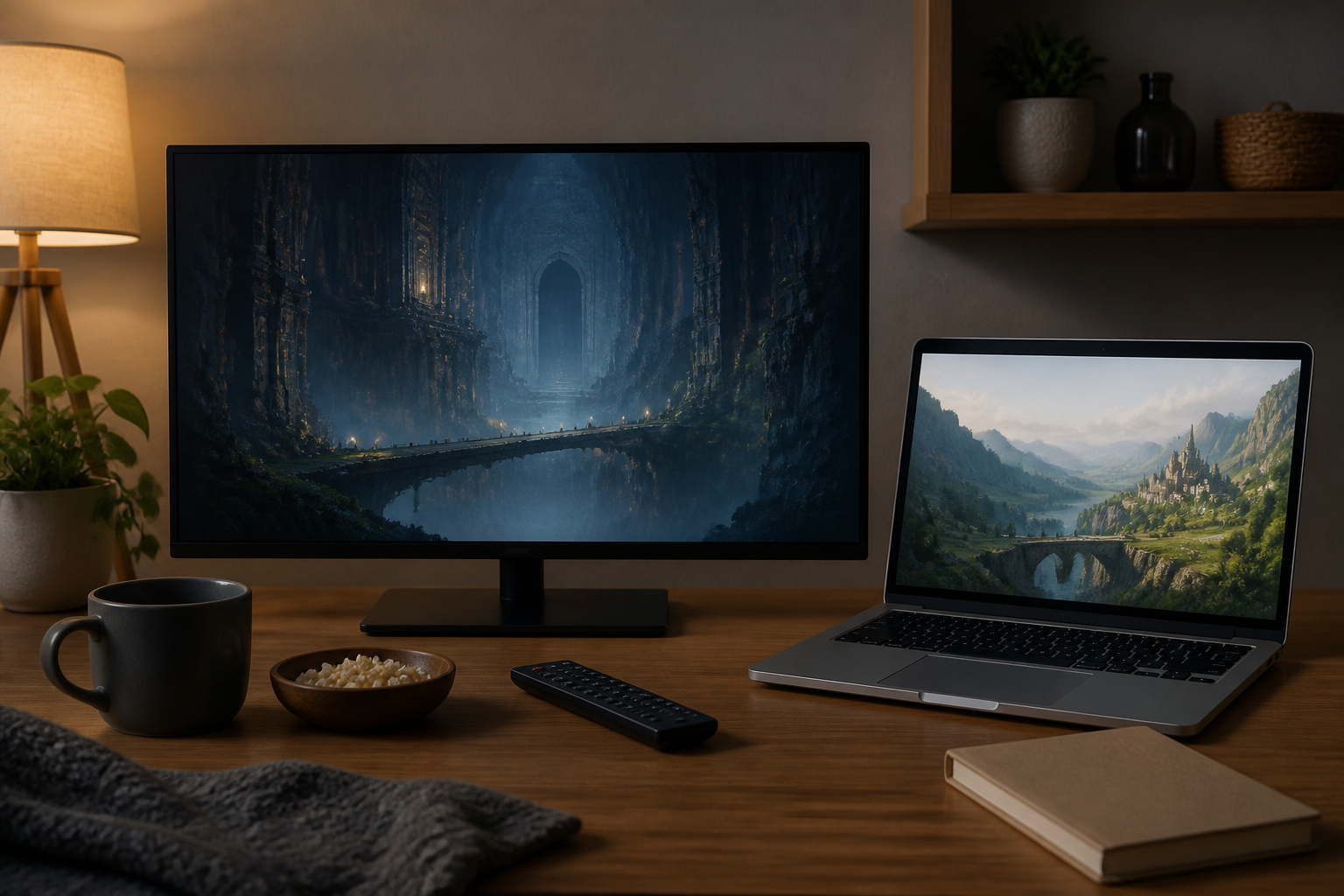 動画配信サービスを想起させる液晶モニターとノートパソコンが置かれたデスク周りの静物写真