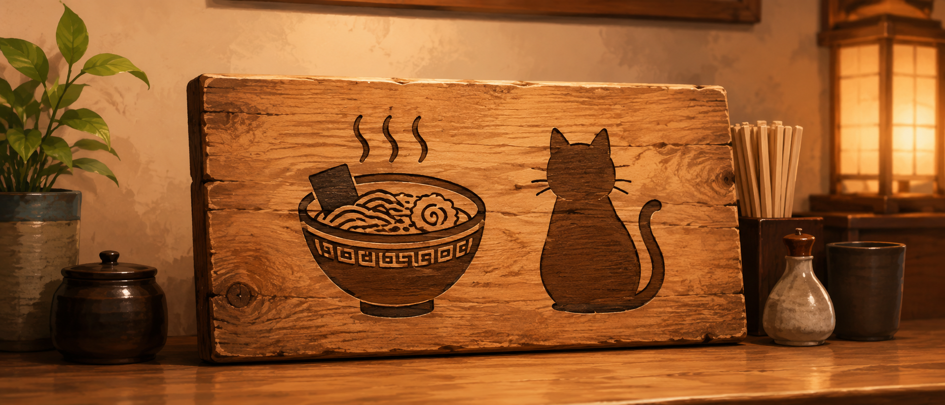 ラーメンどんぶりと猫のシルエットが描かれたシンプルな木製看板の静物