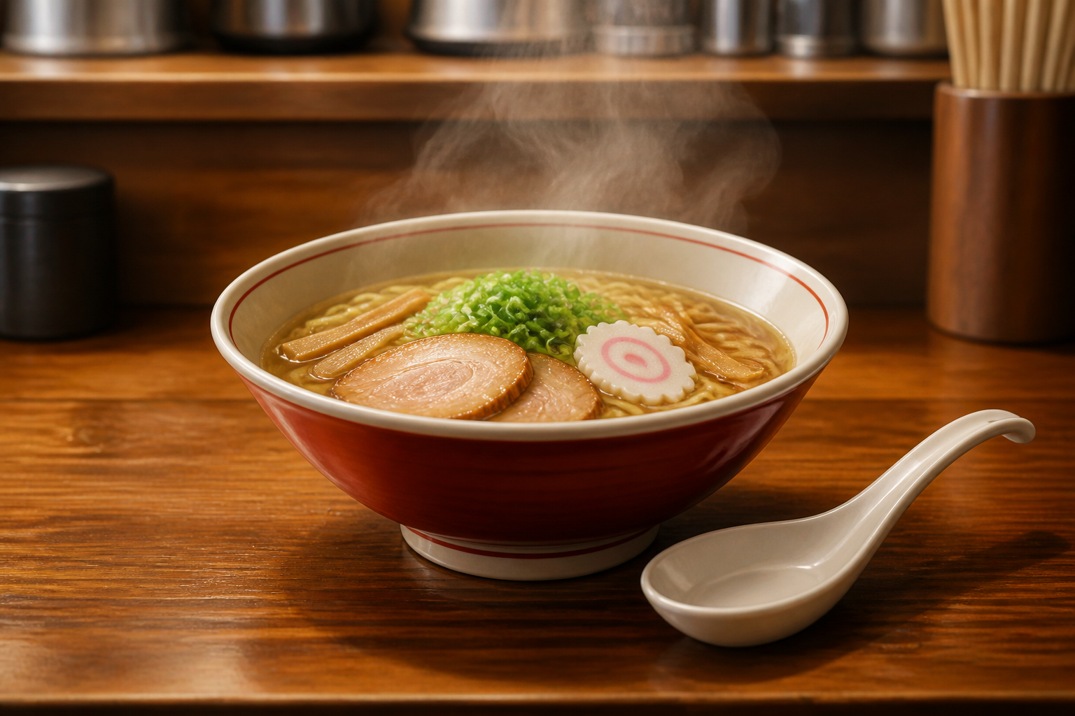 カウンターの上に置かれた湯気が立つラーメン鉢とレンゲの静物