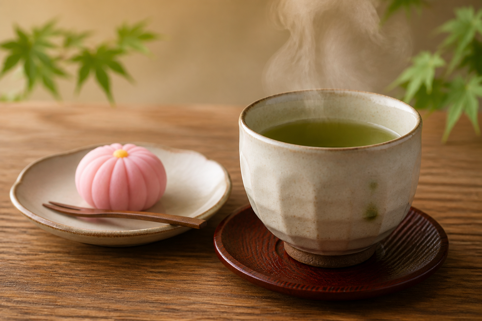 温かい湯気が立つ日本茶の湯呑みと和菓子の静物