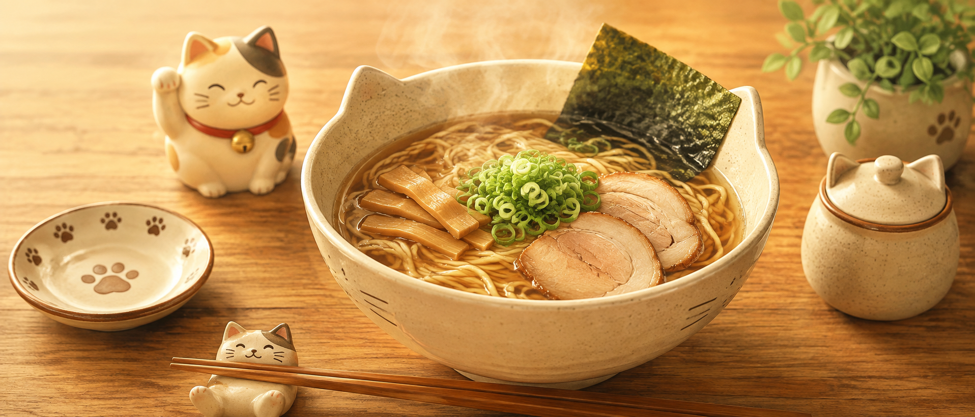 ラーメン赤猫のロゴや作品世界観をイメージした、木目調のテーブルに載った温かいラーメンと猫のモチーフ小物の静物