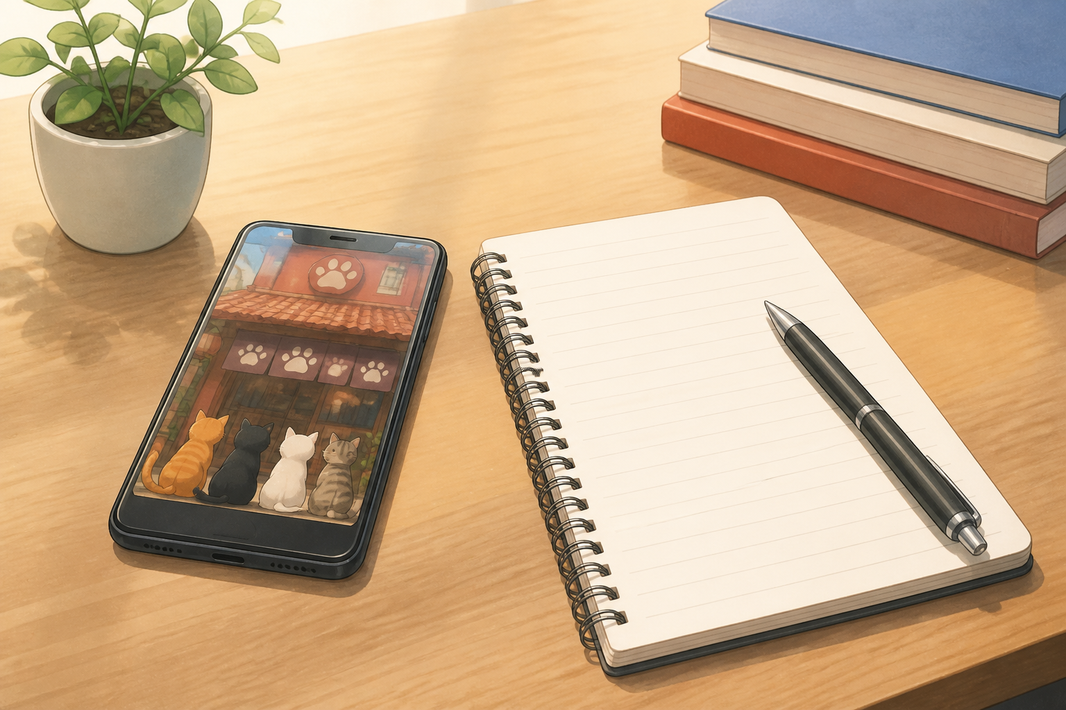 アニメの情報を調べるためのスマートフォンとノート、ペンが整然と置かれたデスクの静物