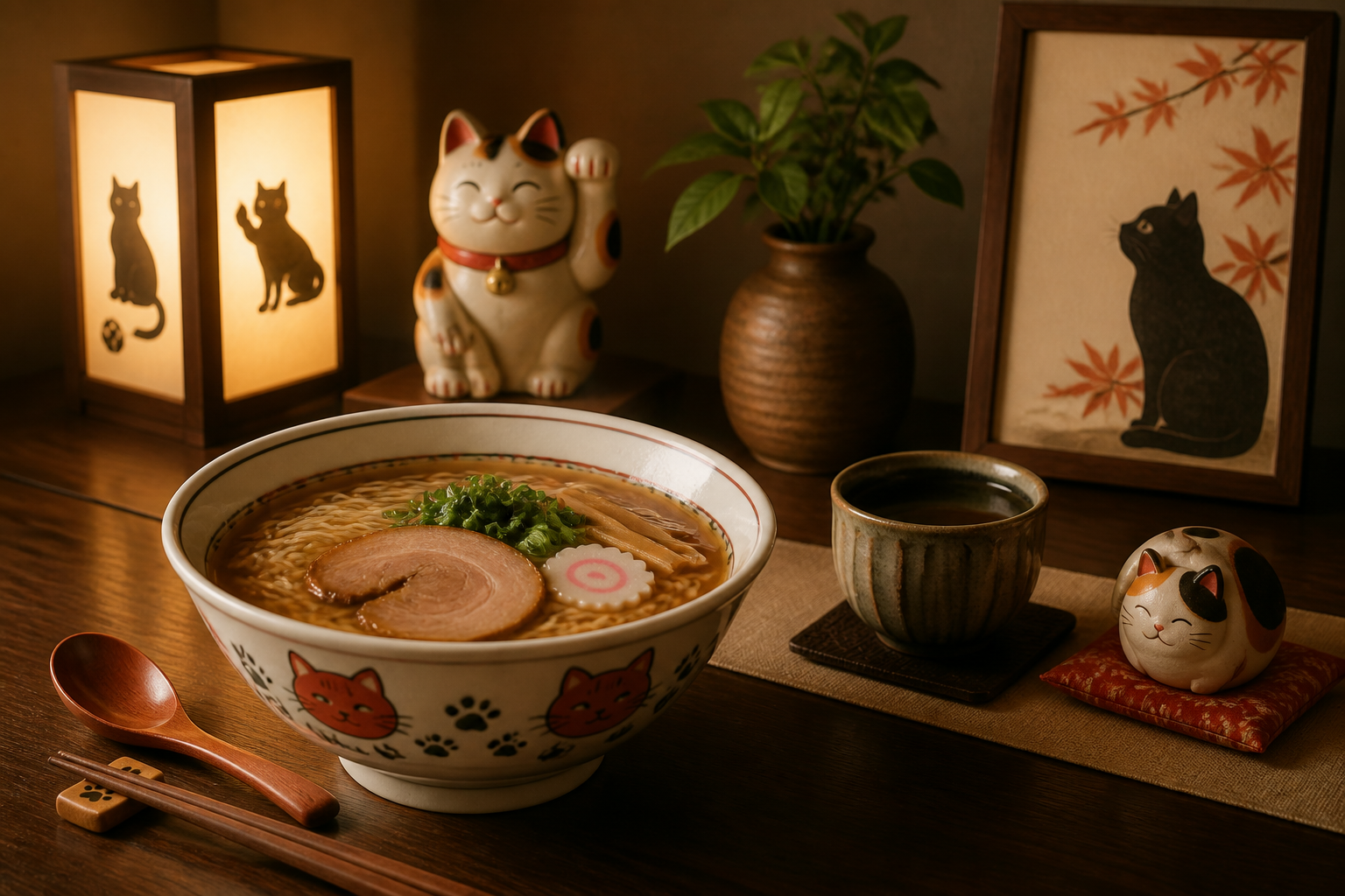 美味しそうなラーメンの器と、猫をあしらった和風のインテリアが並ぶ落ち着いた空間の静物
