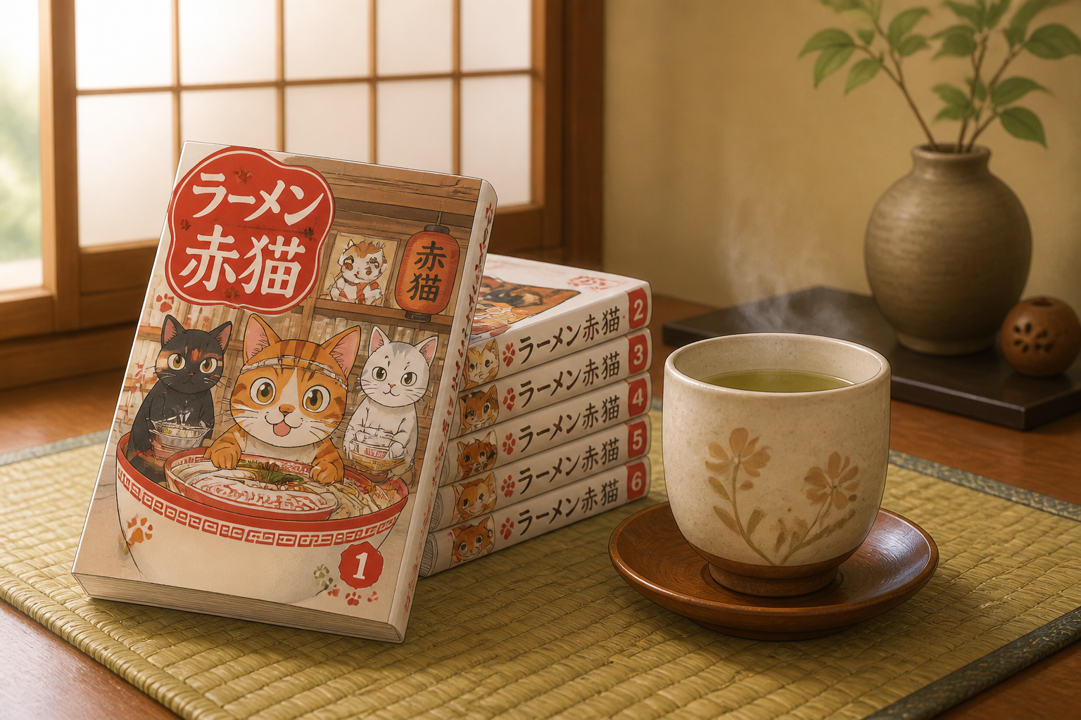 ラーメン赤猫のコミックスと、温かいお茶が入った湯呑みが置かれた和風の読書スペースの静物