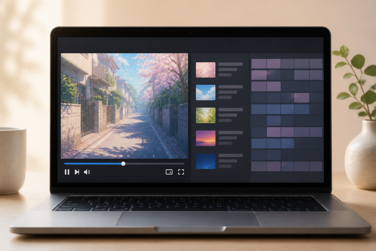 ノートパソコンの画面に映し出された動画配信サービスの再生プレイヤーと番組表