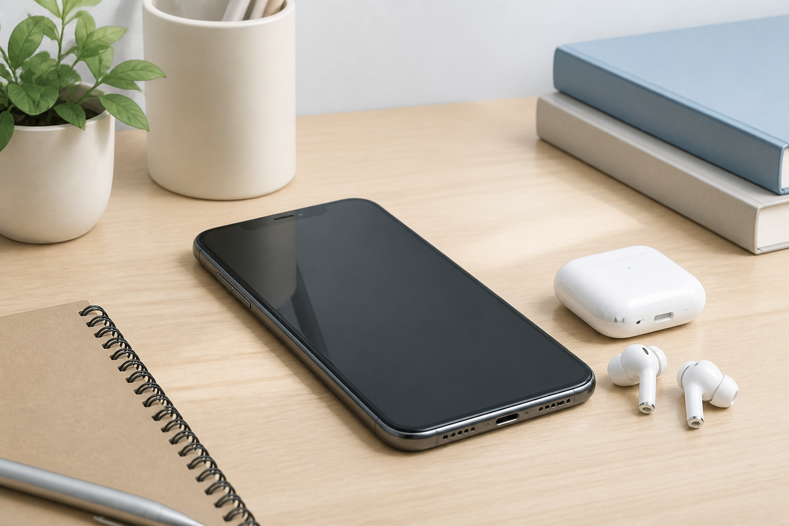 整頓されたシンプルなデスクの上に置かれたスマートフォンとイヤホン