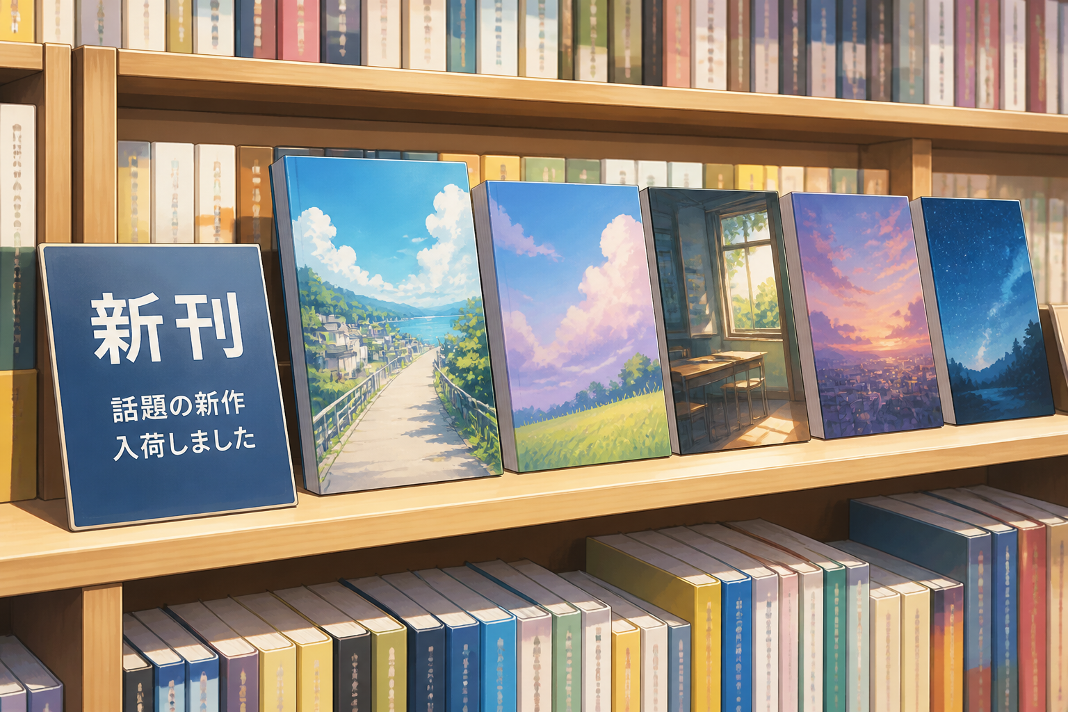 新刊本が並ぶ書店の棚とポップ