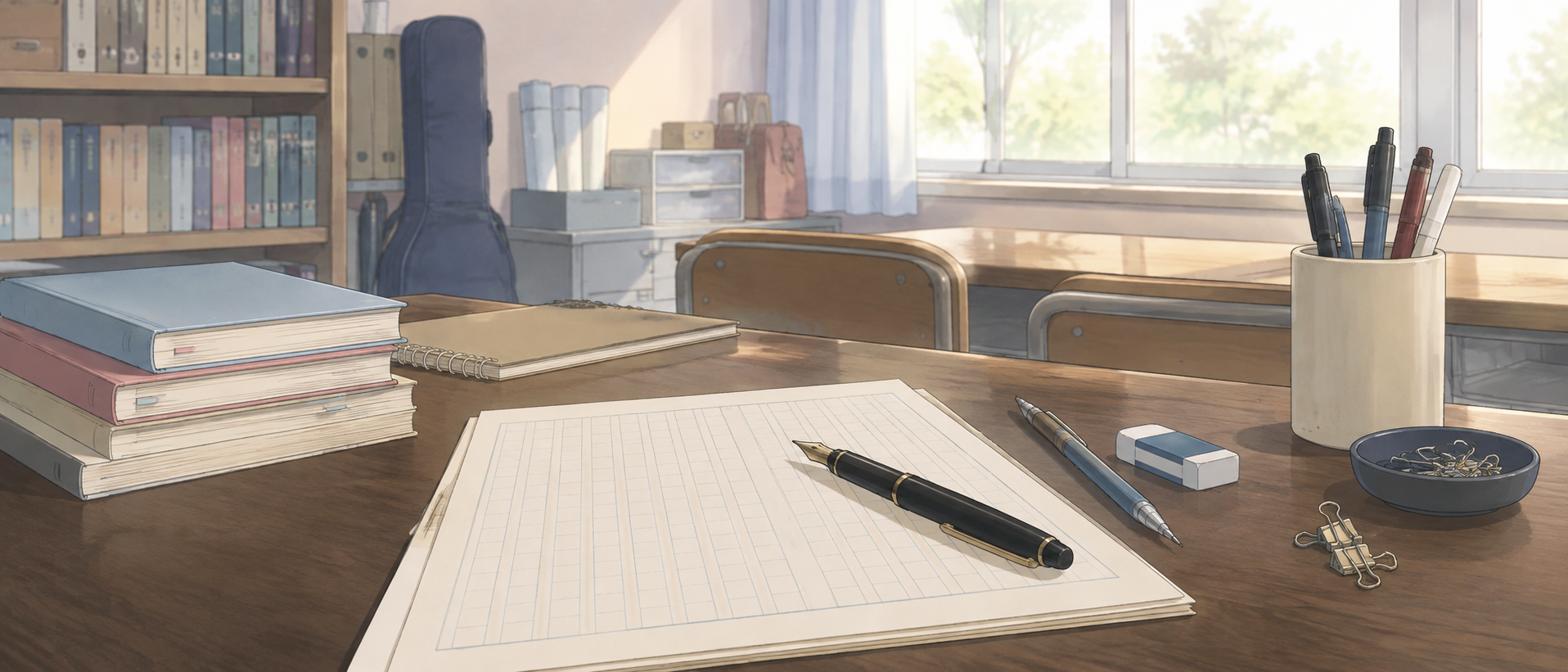 高校の文芸部の部屋に置かれた原稿用紙と文房具の静物