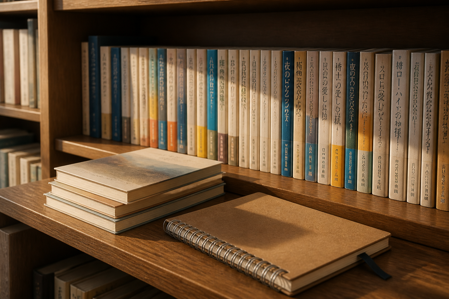 図書館の木製書架に並ぶ文庫本とノートの静物