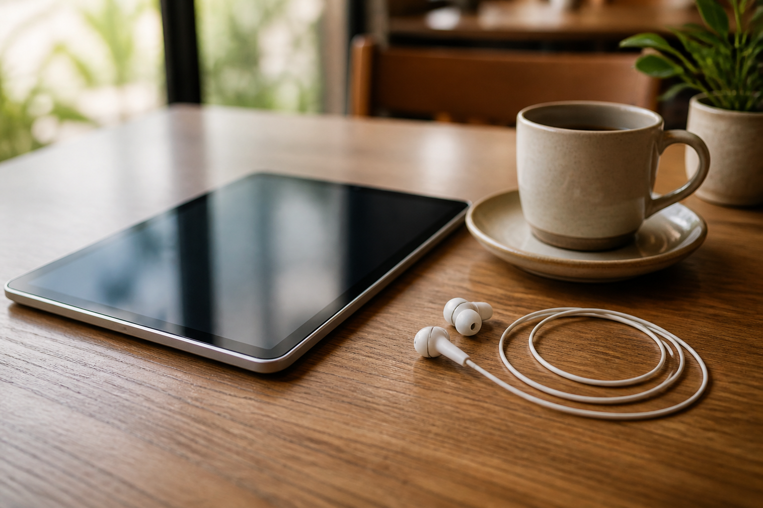 タブレット端末とイヤホンが置かれたカフェの机の静物