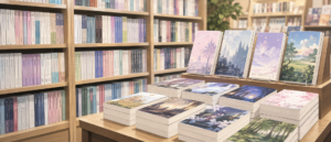 書店のライトノベルコーナーの書棚と積み上げられた新刊単行本